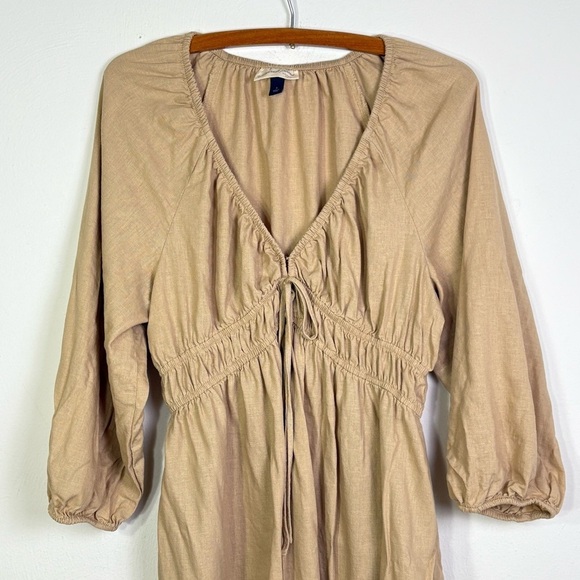 Target Universal Thread Linen Prairie Milkmaid Peasant Midi V Neck Dress Wheat S - Picture 14 of 15